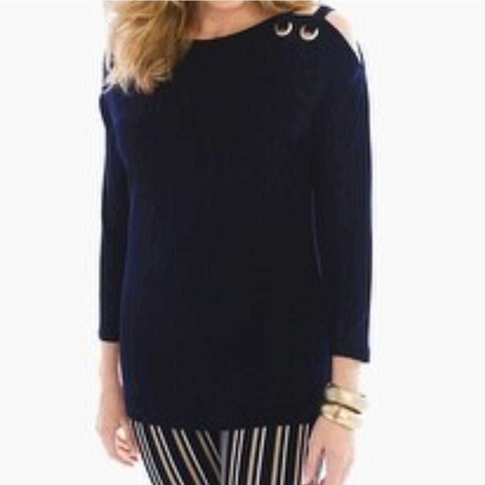 CHICO'S Navy 3/4 Sleeve Rivet Cold-Shoulder Top